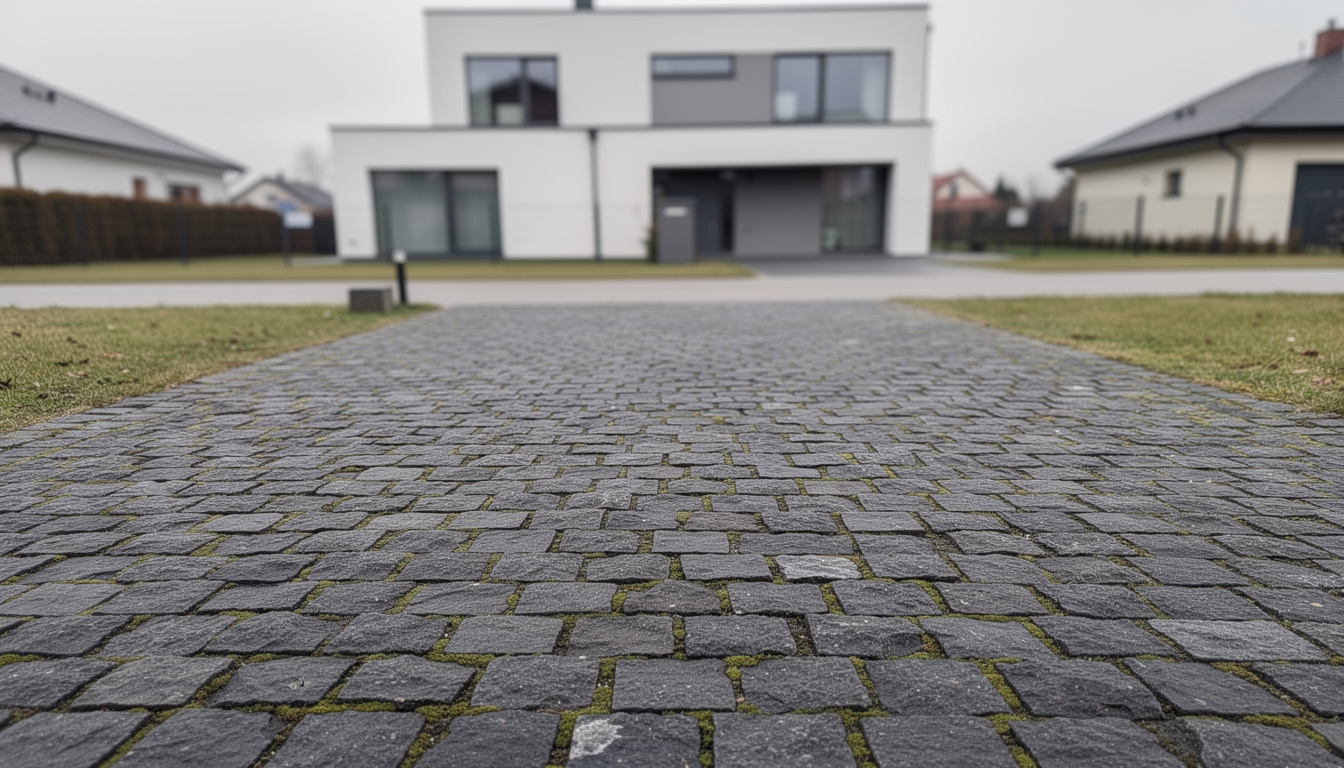 Podjazd z kostki granitowej przed impregnacją
